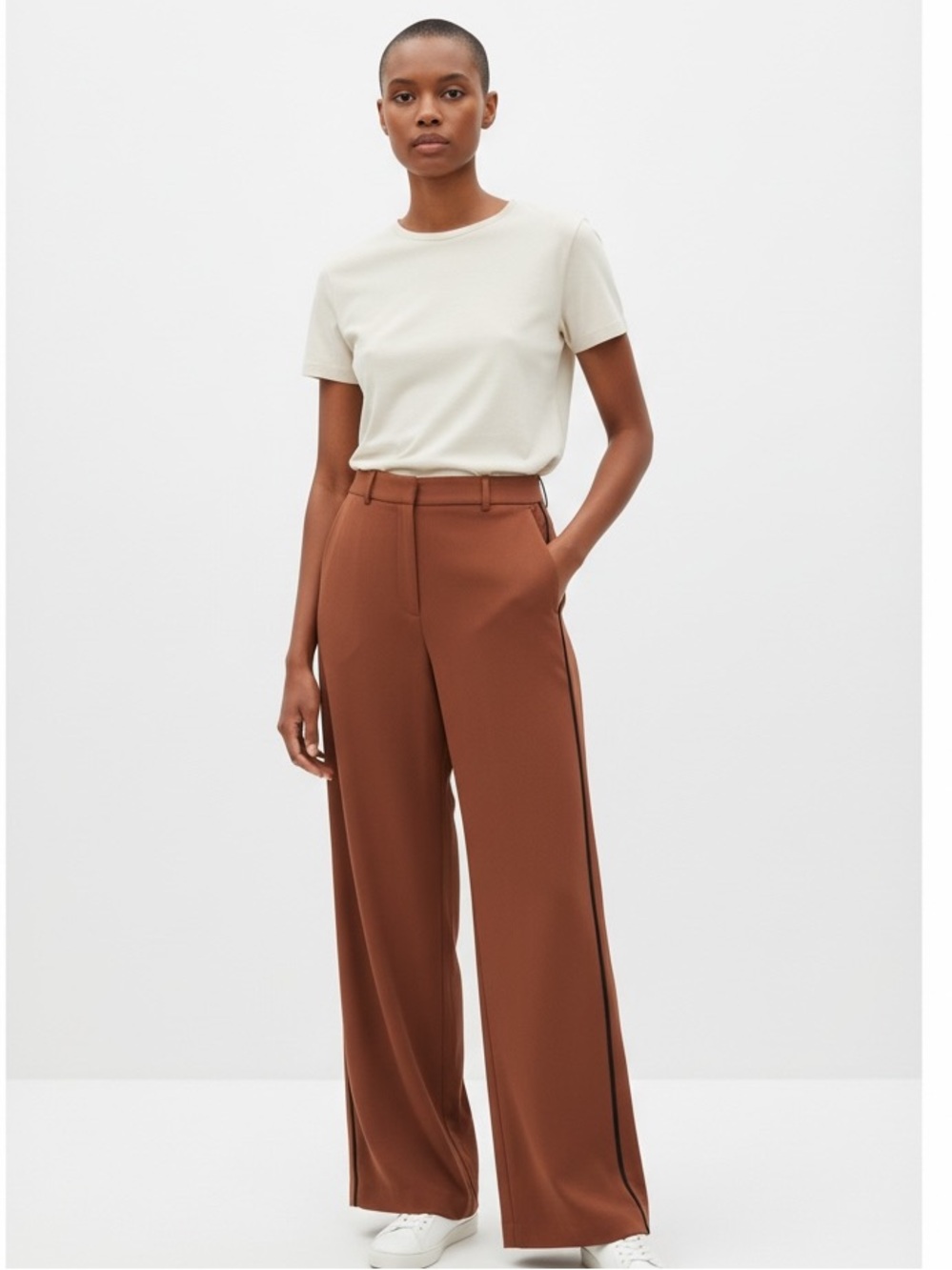 Ann Taylor Wide-Leg High-Rise Pants in Brown rust color with black trim sku 148